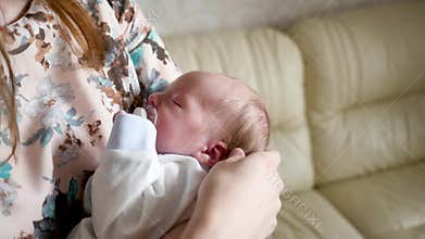 Portrait of a newborn hold close at mother`s breast, close up.