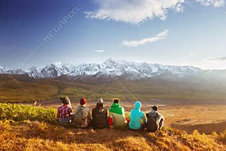 Friends group mountains travel concept