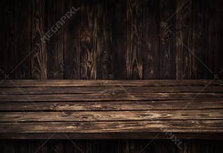 Dark wooden table for product, old black wooden perspective interior