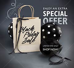 Black Friday sale banner containing recycled paper bag decorated with black satin ribbon, and black balloons.