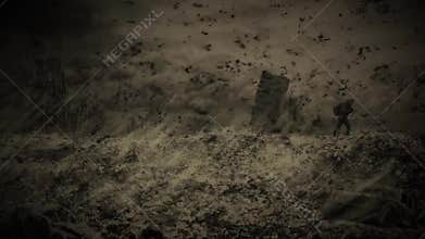 Surviving man walks the hills against the backdrop of a ruined city. Zombie apocalypse animation.