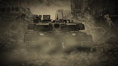 Lonely tank rides through the ruined city during the zombie apocalypse.