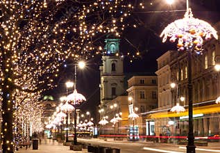 Night city lights in old town Warsaw, Poland. Christmas