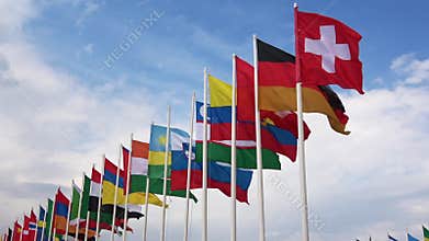 Flags of different countries waving