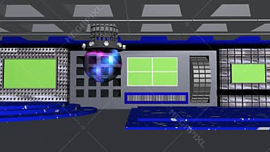 News studio tv 4k with abstract background, transparent sphere and metal textures