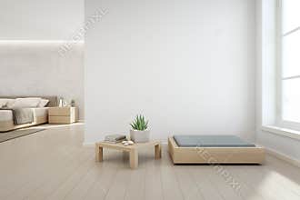 Indoor plant on wooden coffee table and modern furniture with empty white concrete wall background, Bedroom near living room