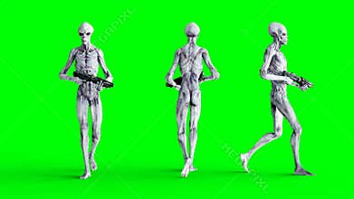 Alien walking with gun. Realistic motion and skin shaders. 4K green screen footage.