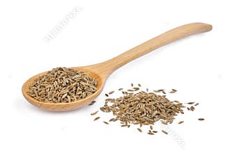 Dried cumin seed or caraway in wooden spoon isolated on white