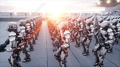 Invasion of military robots. Dramatic apocalypse super realistic concept. Future. 4k animation.