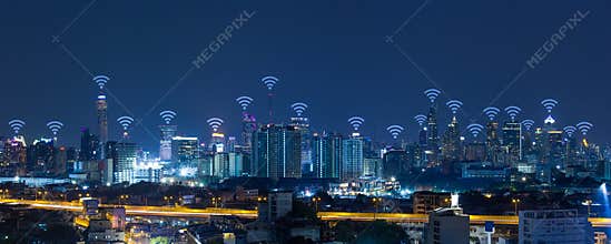 Panorama cityscape with wifi network connection concept