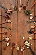 Assortment of beans and lentils in wooden spoon