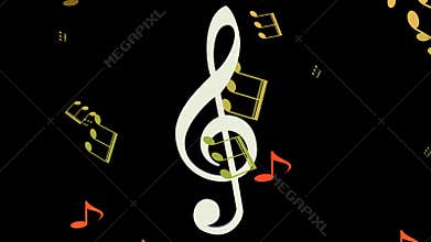 Musical background, white treble clef moving horizontal in swarm of yellow and orange musical notes on black background.