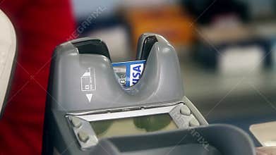 Credit card transaction. POS terminal, close up