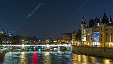 Cite island view with Conciergerie Castle and Pont au Change, over the Seine river timelapse. France, Paris