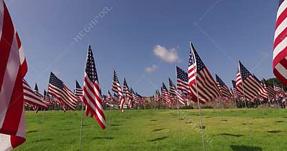 Set of American flags fluttering in the wind on the Memorial Day. Los Angeles, California, USA