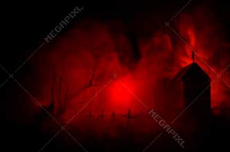 Scary view of zombies at cemetery dead tree, moon, church and spooky cloudy sky with fog, Horror Halloween concept