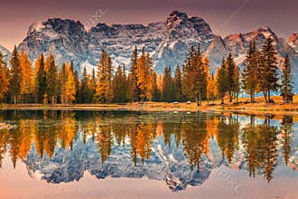 Magical alpine lake in Dolomites mountains, Antorno lake, Italy, Europe