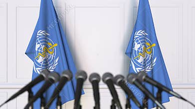 World Health Organization WHO official press conference. Flags and microphones. Conceptual editorial 3D animation
