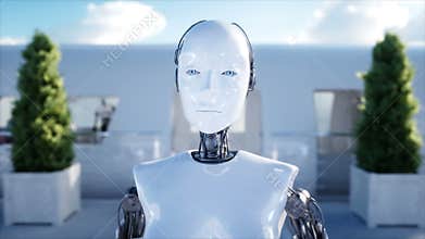 Female robot walking. Sci fi station. Futuristic monorail transport. Concept of future. People and robots. Realistic 4K