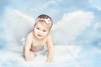 Angel Baby with Wings Crawling on Sky, Kid Girl Cupid, Newborn
