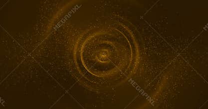 Christmas digital glitter sparks golden particles bokeh flowing movement in the circle on gold background, holiday xmas festive