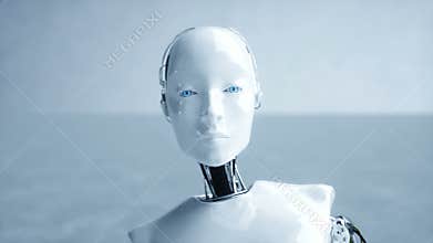 Futuristic humanoid female robot is idle. Concept of future. Realistic 4K animation.