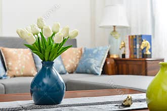 Home interior decor, tulip bouquet in vase