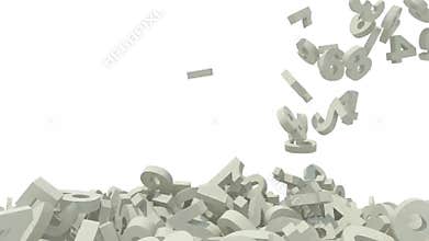 Many 3d numbers fall on white background