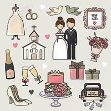 Vector illustration. Set of cartoon doodle wedding icons. Collection of romantic symbols. Wedding, marriage, bride