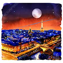 Night panorama of Paris skyline, Eiffel tower, beautiful view from Montparnasse, France, watercolor illustration