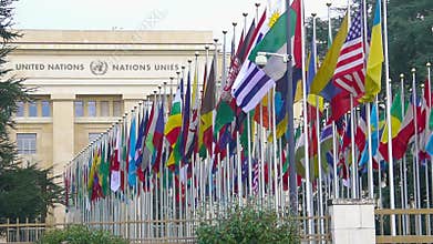 United Nations Office at Geneva in Switzerland, alley of member countries flags