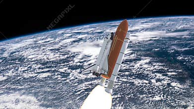 Realistic 3D Animation of Space Shuttle Launching over earths atmosphere. Elements of this video furnished by NASA.