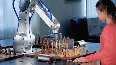 Little girl and robotic arm are capturing chess pieces of each other while playing