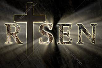 Easter background with Jesus Christ cross and risen text written, engraved, carved on stone