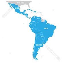 Political map of Latin America. Latin american states blue highlighted in the map of South America, Central America and