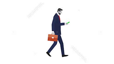 A businessman in a business suit pulls a phone out of his pocket, looks at the screen. businessman is looking at the map in the ph