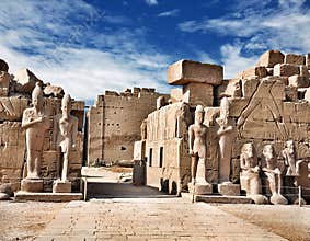 Luxor Karnak Temple, ancient Egyptian pharaoh sculptures.