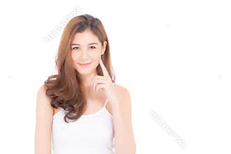 Portrait of beautiful asian woman makeup of cosmetic - girl hand touch cheek and smile on attractive face with skin healthcare.