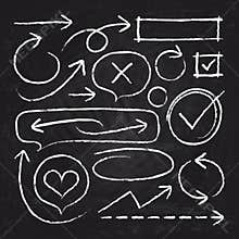 Hand drawn white chalk arrows, circle frames and sketch graphic elements on blackboard vector set