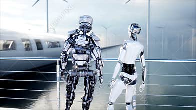 People and robots. Sci fi station. Futuristic monorail transport. Concept of future. Realistic 4K animation.