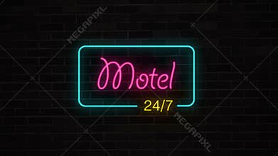 Neon Motel 24 7 sign on brick wall