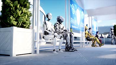 People and robots. Sci fi station. Futuristic monorail transport. Concept of future. Realistic 4K animation.