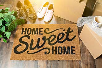 Home Sweet Home Welcome Mat, Moving Boxes, Women and Male Shoes