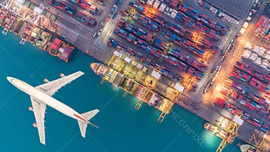 Container ships and transport aircraft in the export and import