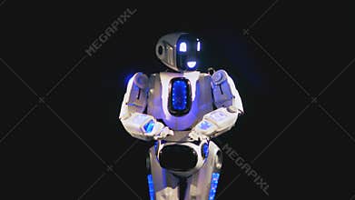 Shiny robot happily dances, using its arms and legs. 4K.