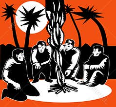 Men huddled in campfire bonfire