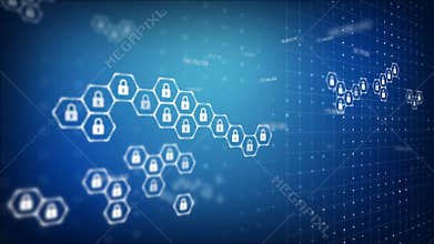 Abstract background lock and hexagon security icon for cyber technology futuristic concept over dark background with grain process