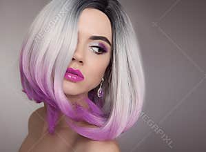 Ombre bob blonde short hairstyle. Purple makeup. Beautiful hair