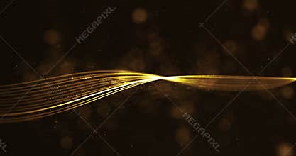 Abstract christmas digital golden glitter sparks golden particles with wave lines shape flowing movement on black background