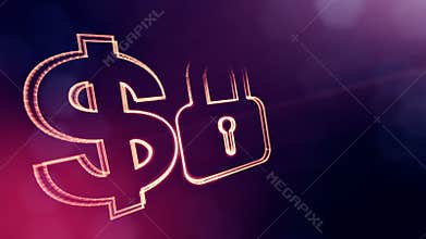 Dollar sign and emblem of lock. Finance background of luminous particles. 3D loop animation with depth of field, bokeh